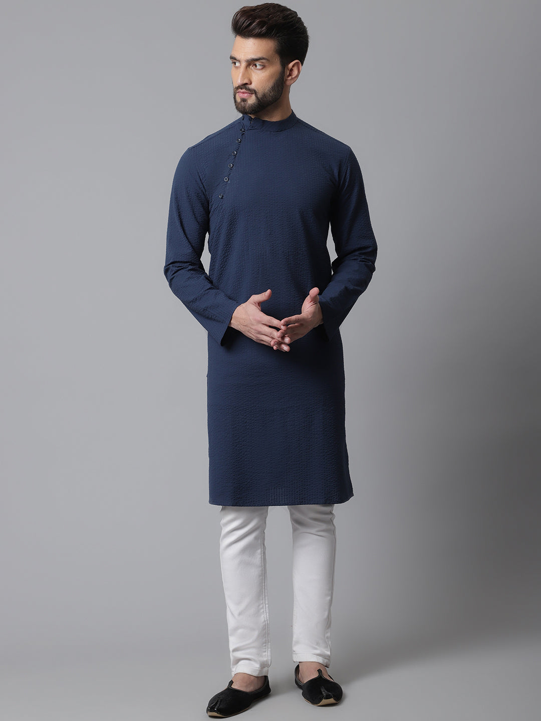 Even Apparels Blue Solid Kurta With Band Collar 