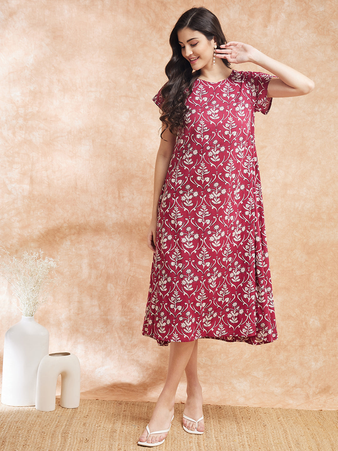 InWeave Women's Wine Cream Floral Print A Line Dress 