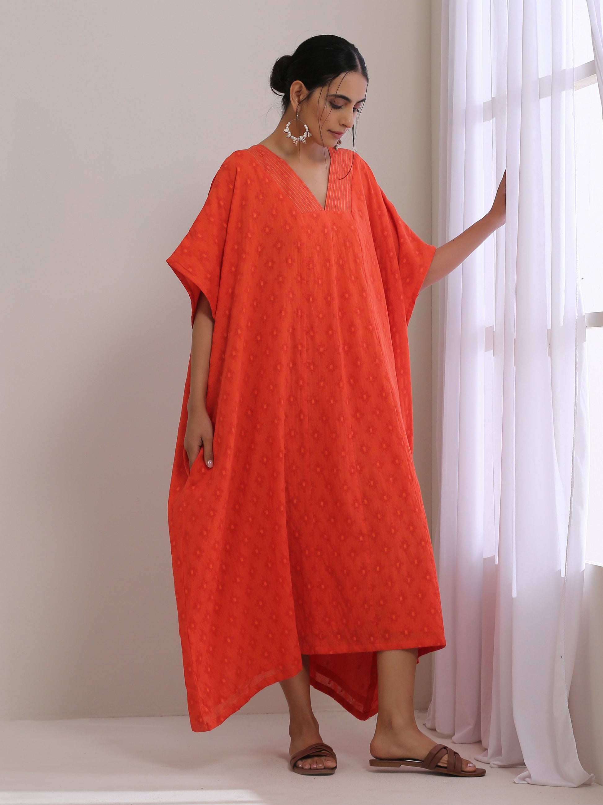 trueBrowns Orange Dobby Panel Kaftan Dress 