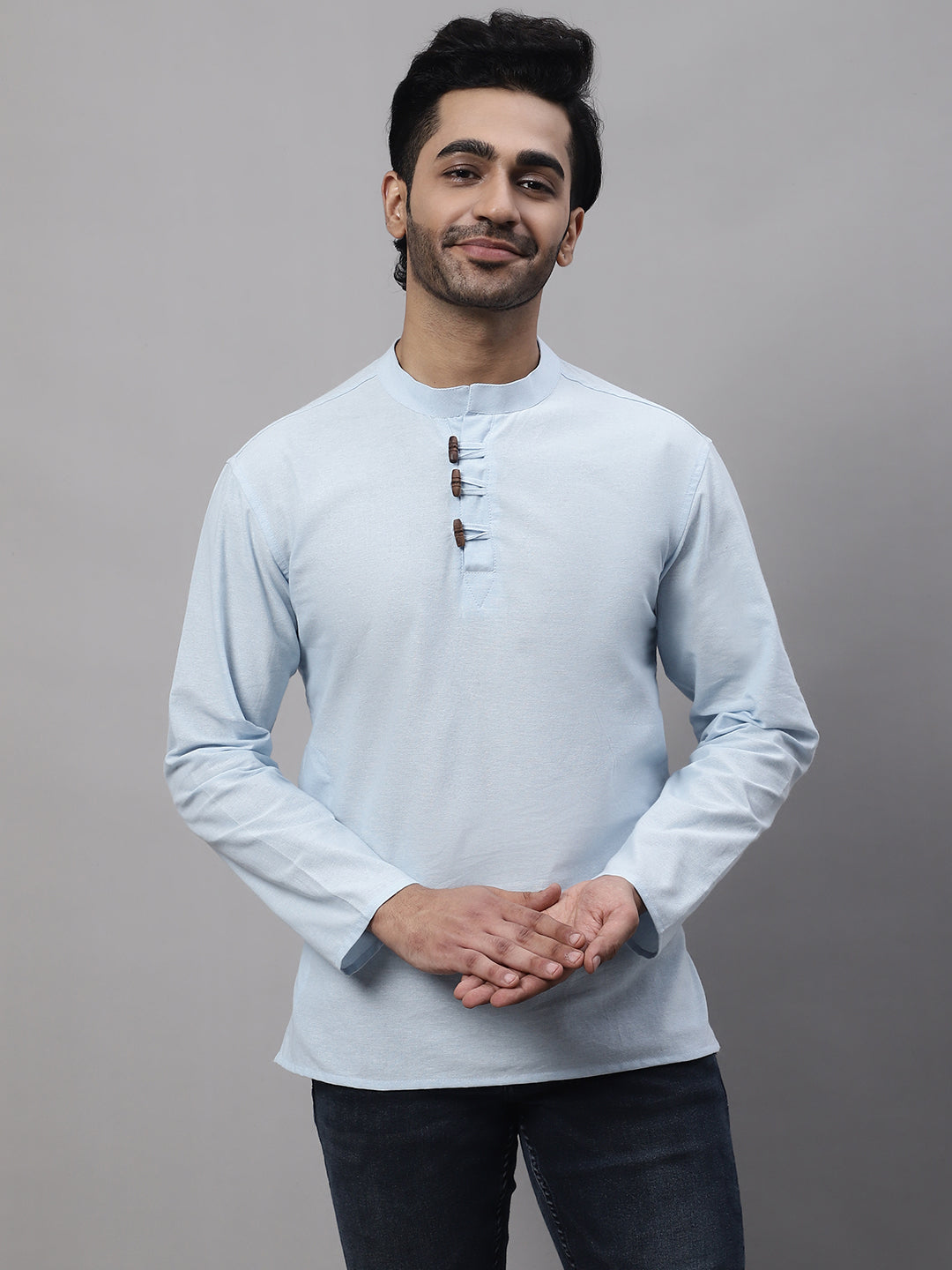 Even Apparels Blue Pure Cotton Kurta With Band Collar 