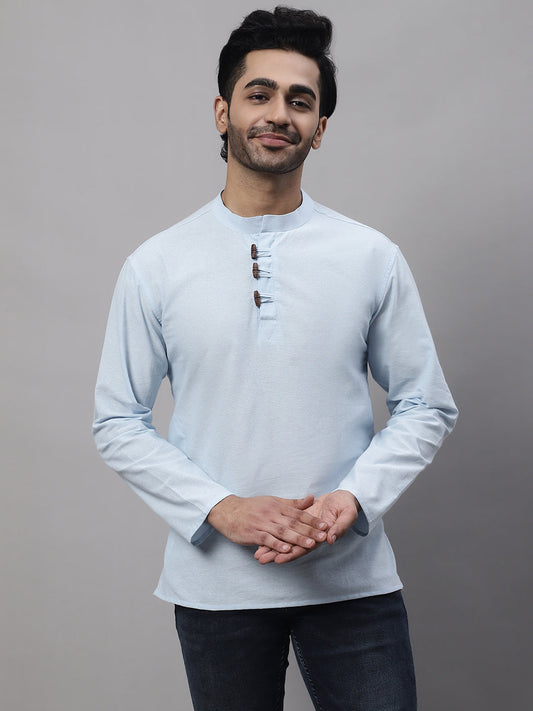 Even Apparels Blue Pure Cotton Kurta With Band Collar 