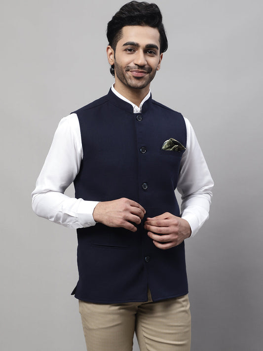 Even Apparels Men's Blue Pure Wool Nehru Jacket 