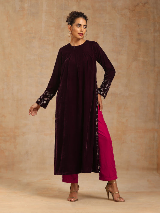 trueBrowns Wine Velvet Embroidered Kurta 