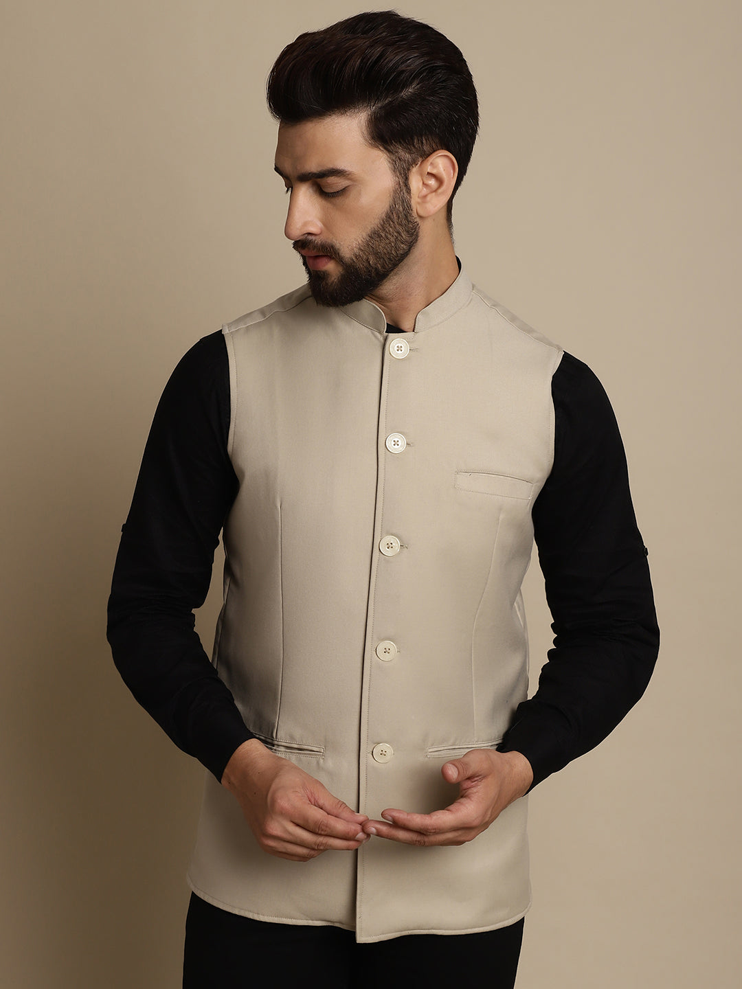 Even Apparels Men's Cream Mandarin Collar Waistcoat 