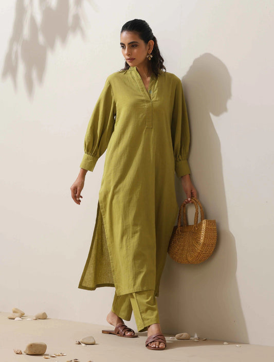 trueBrowns Pear Green Cotton Linen Kurta Pant Set