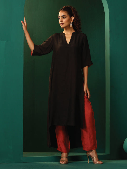 trueBrowns Black Silk High Low Kurta Pant Set 