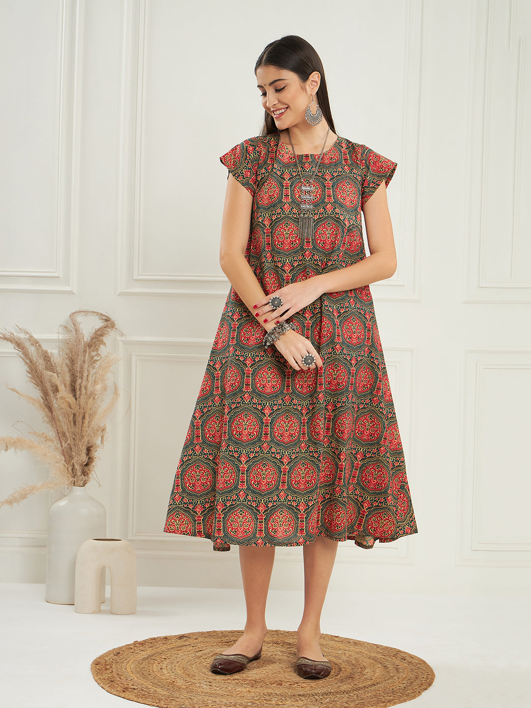InWeave Women's Green Red Mughal Kalamkari A Line Dress 