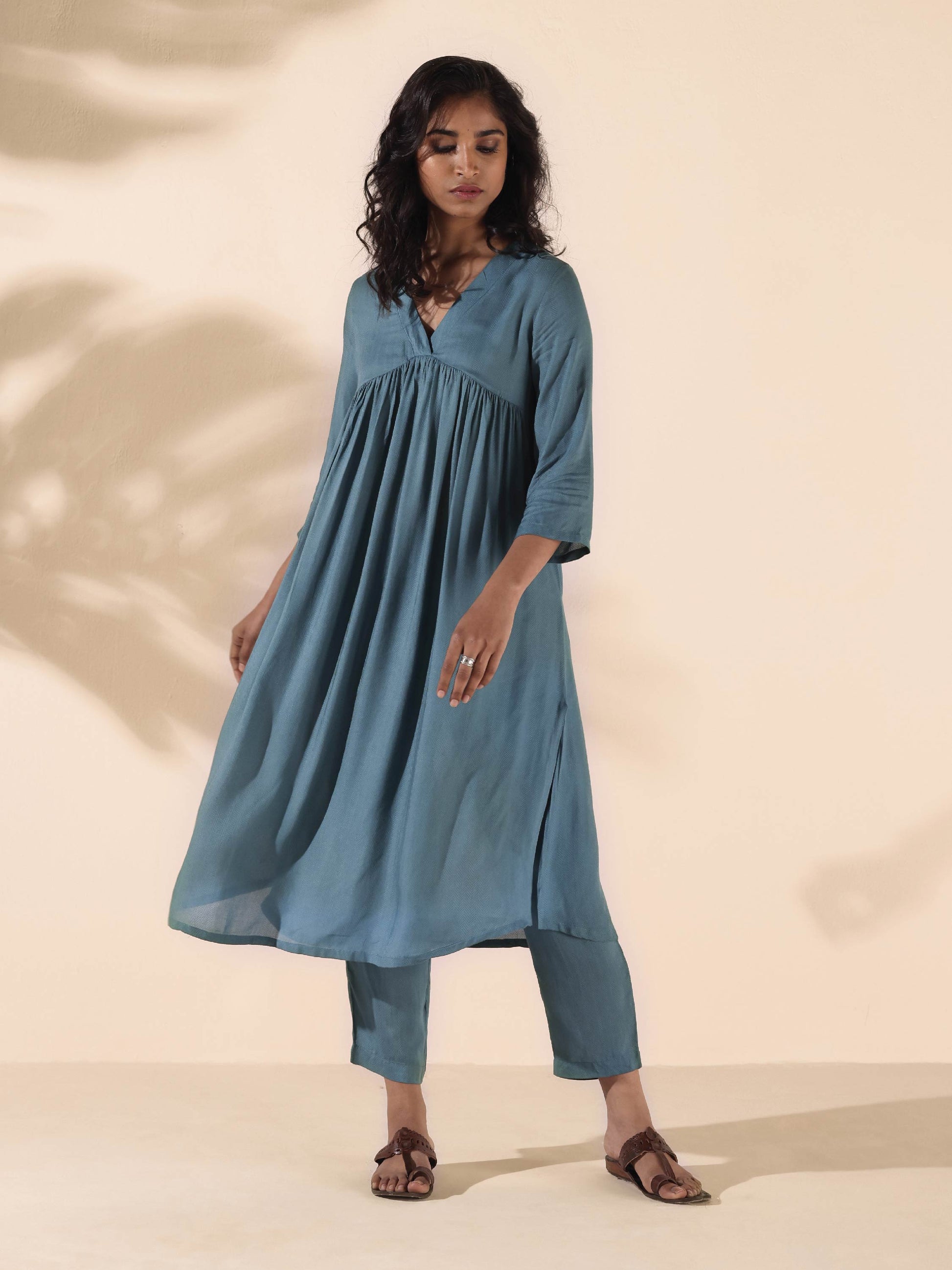 trueBrowns Turquoise Viscose Dobby Flared Kurta Pant Set 