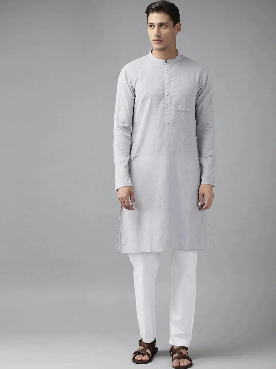 Fabmade Men Grey Cotton Linen Kurta Pyjama