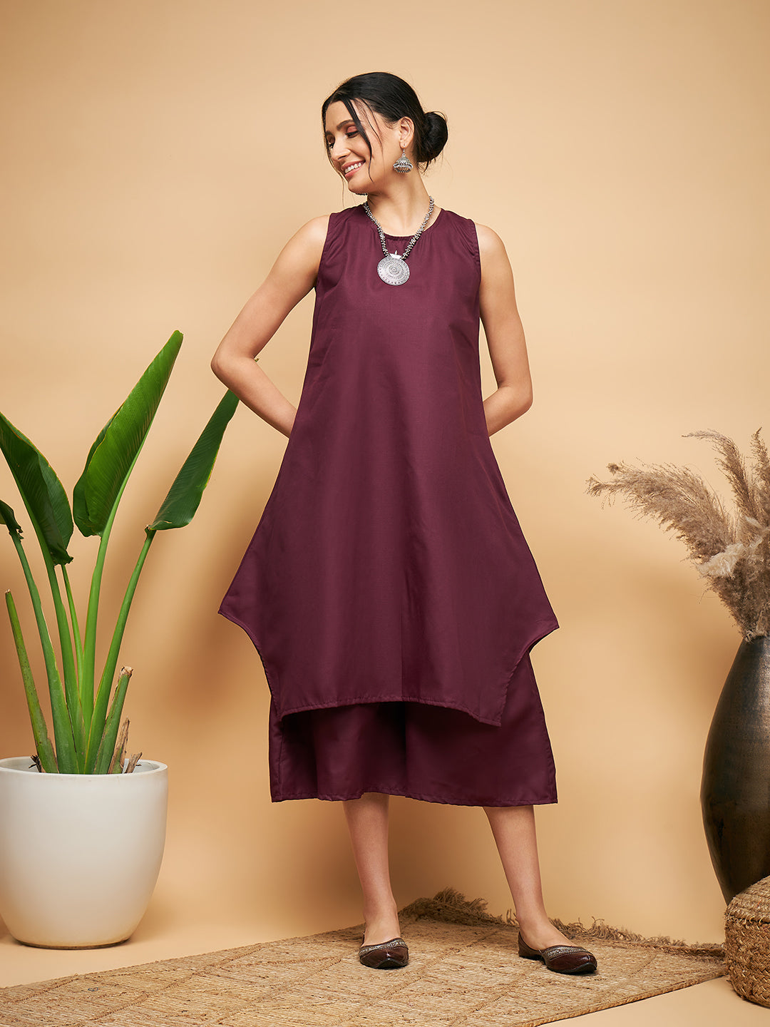InWeave Women's Wine Solid Short Kurta Palazzo Set 
