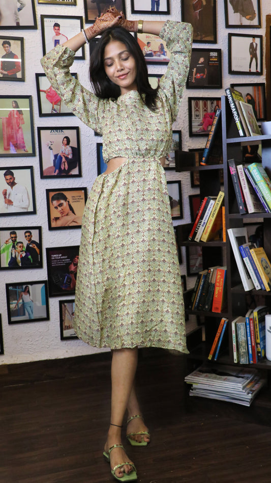 Noroke Sustainable fabric | Mushroom Ikat Cut-out Midi Dress - Printed | Swadesiicart