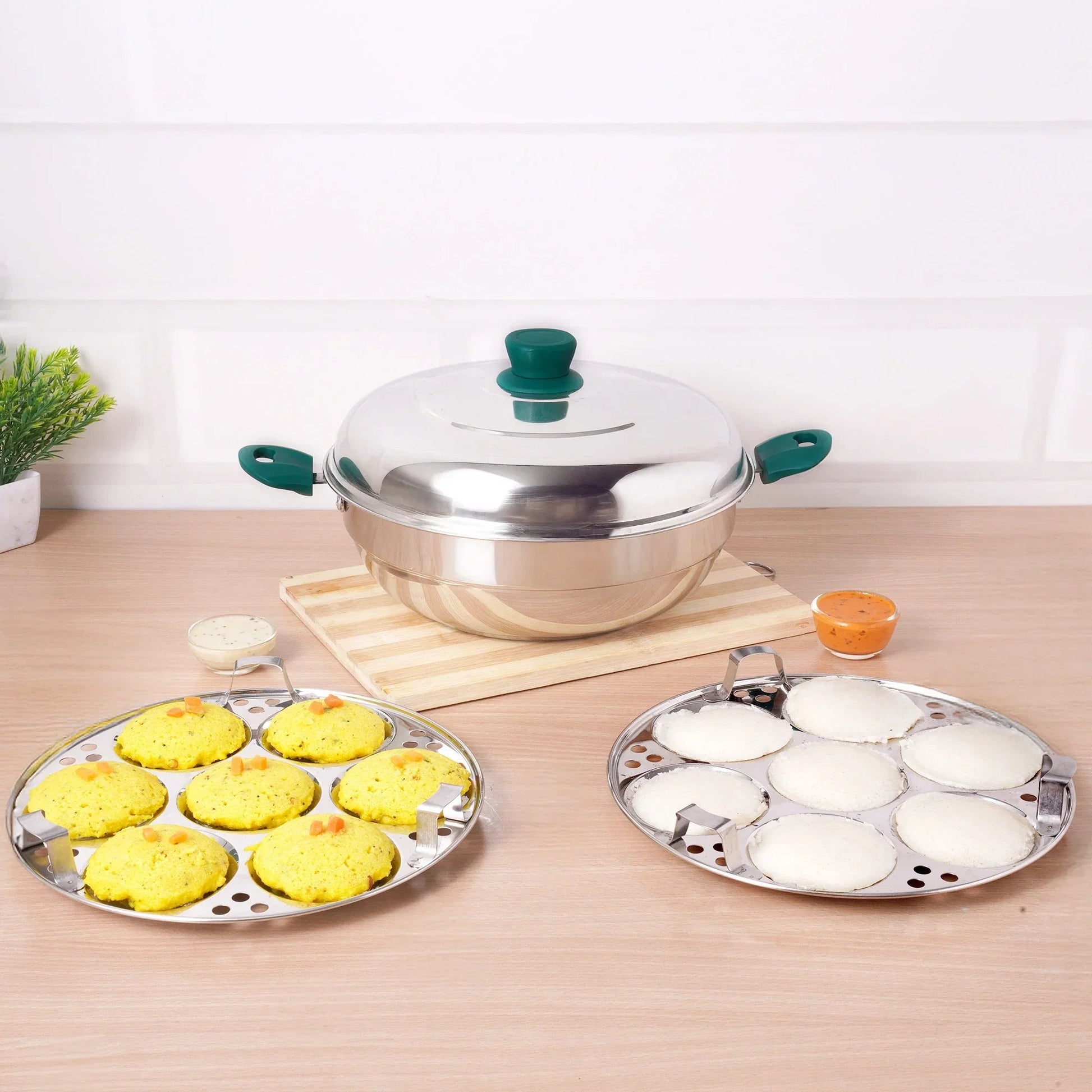 The Indus Valley 14 Pit Tri-Steel Multi Pot Premium Stainless Steel Idli/ Momo Maker/ Veg Steaming Set, Tri-ply Induction Bottom, 2 Plates, 27cm 