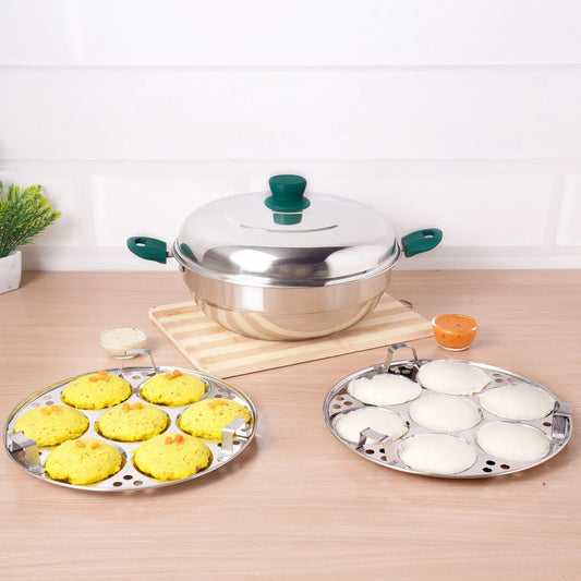 The Indus Valley 14 Pit Tri-Steel Multi Pot Premium Stainless Steel Idli/ Momo Maker/ Veg Steaming Set, Tri-ply Induction Bottom, 2 Plates, 27cm 