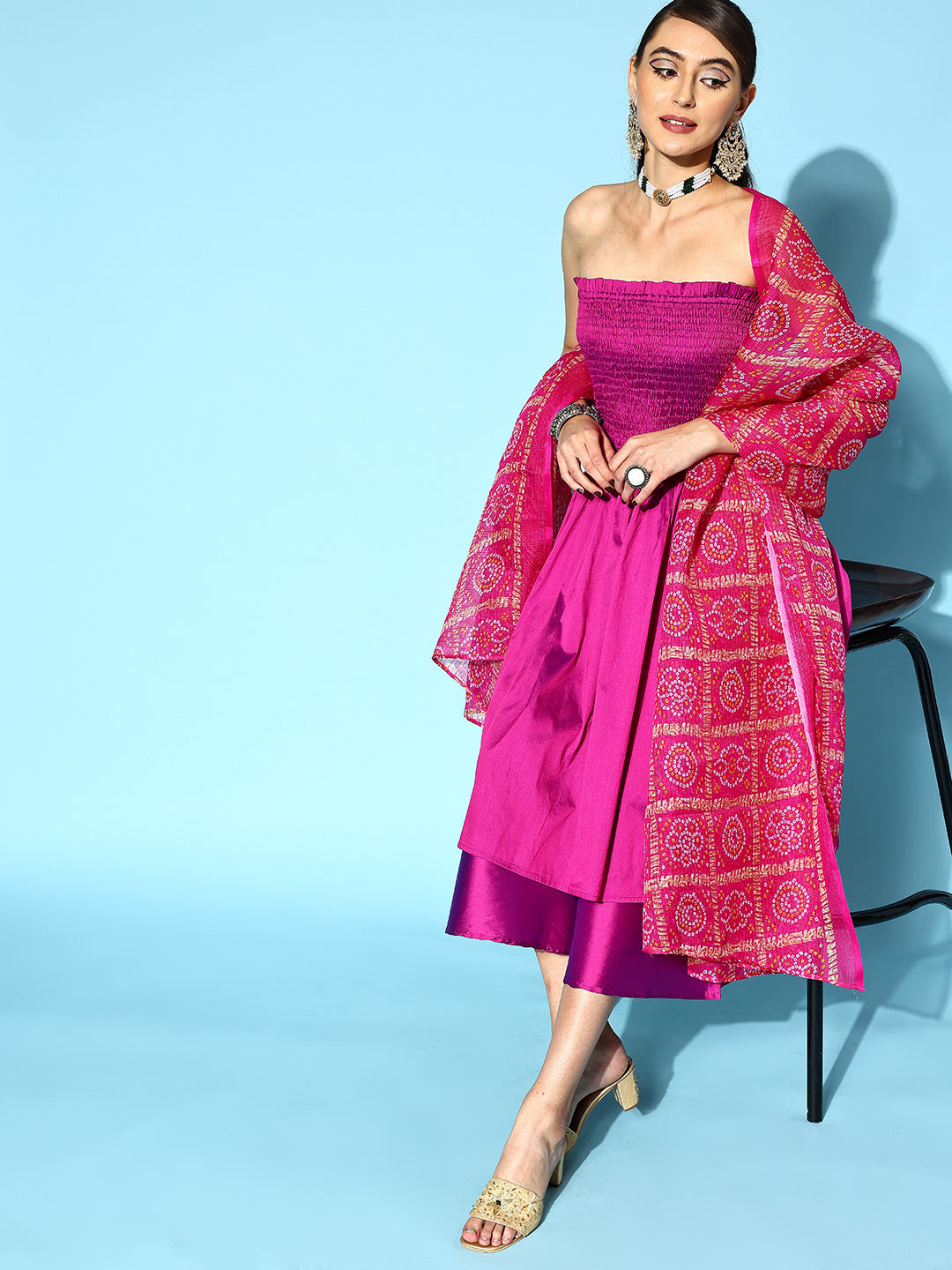 InWeave Purple Off Shoulder Silk Kurta Set -Pink Kota Bandhej Dupatta 