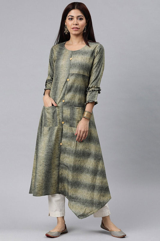 Ahika Grey And Beige Striped A Line Panelled Kurta with pockets