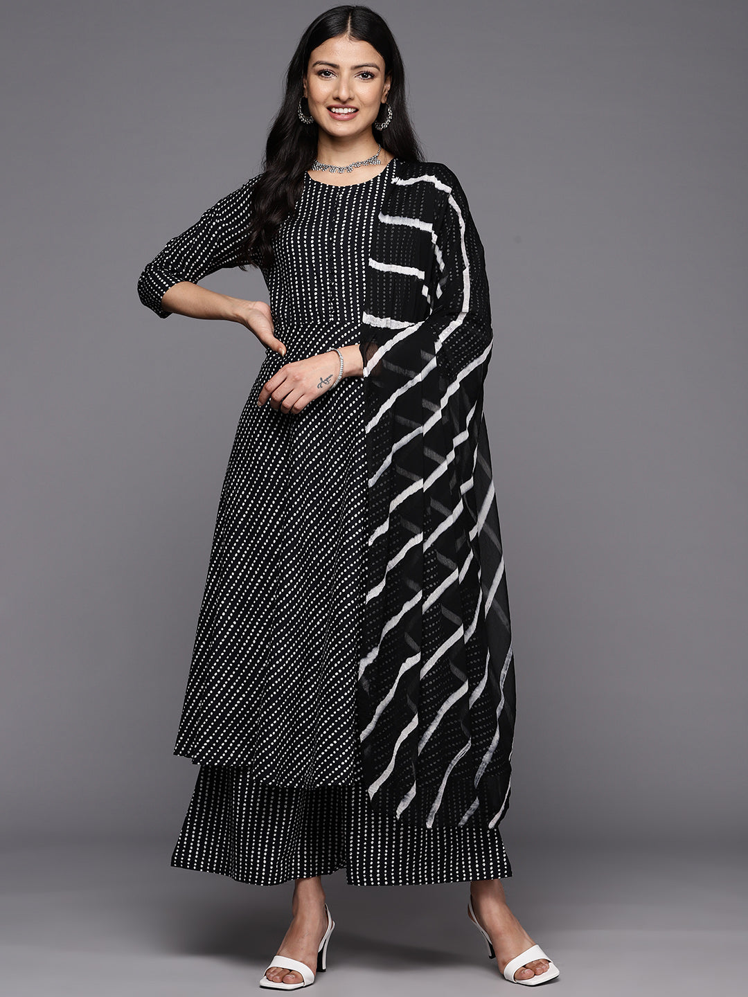 KSUT (House of Varanga) Black And White Cotton Printed Anarkali Kurta Paired With Palazzo And Chiffon Dupatta