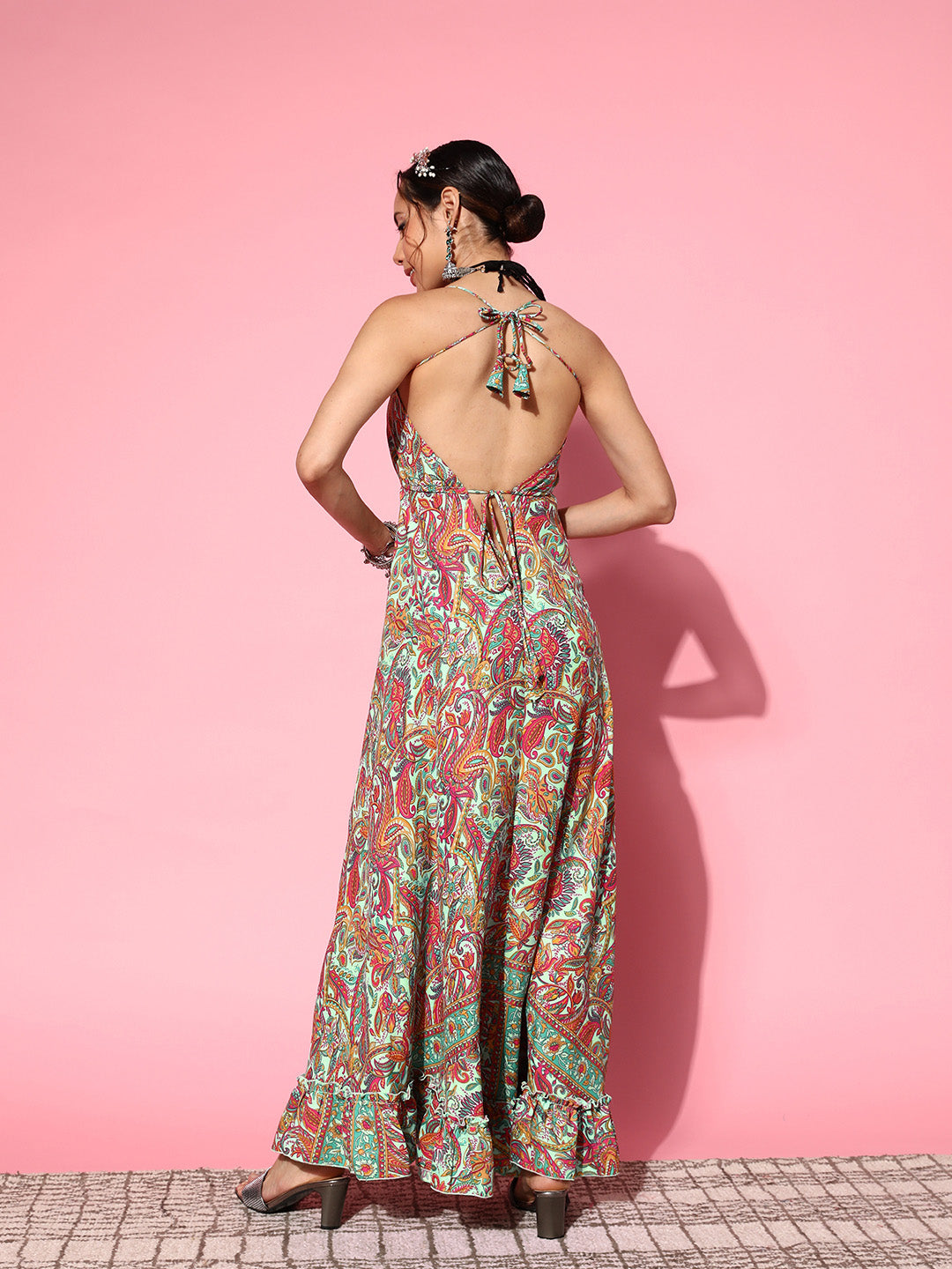 InWeave Women's Green Paisley Print Back Detail Long Dress 