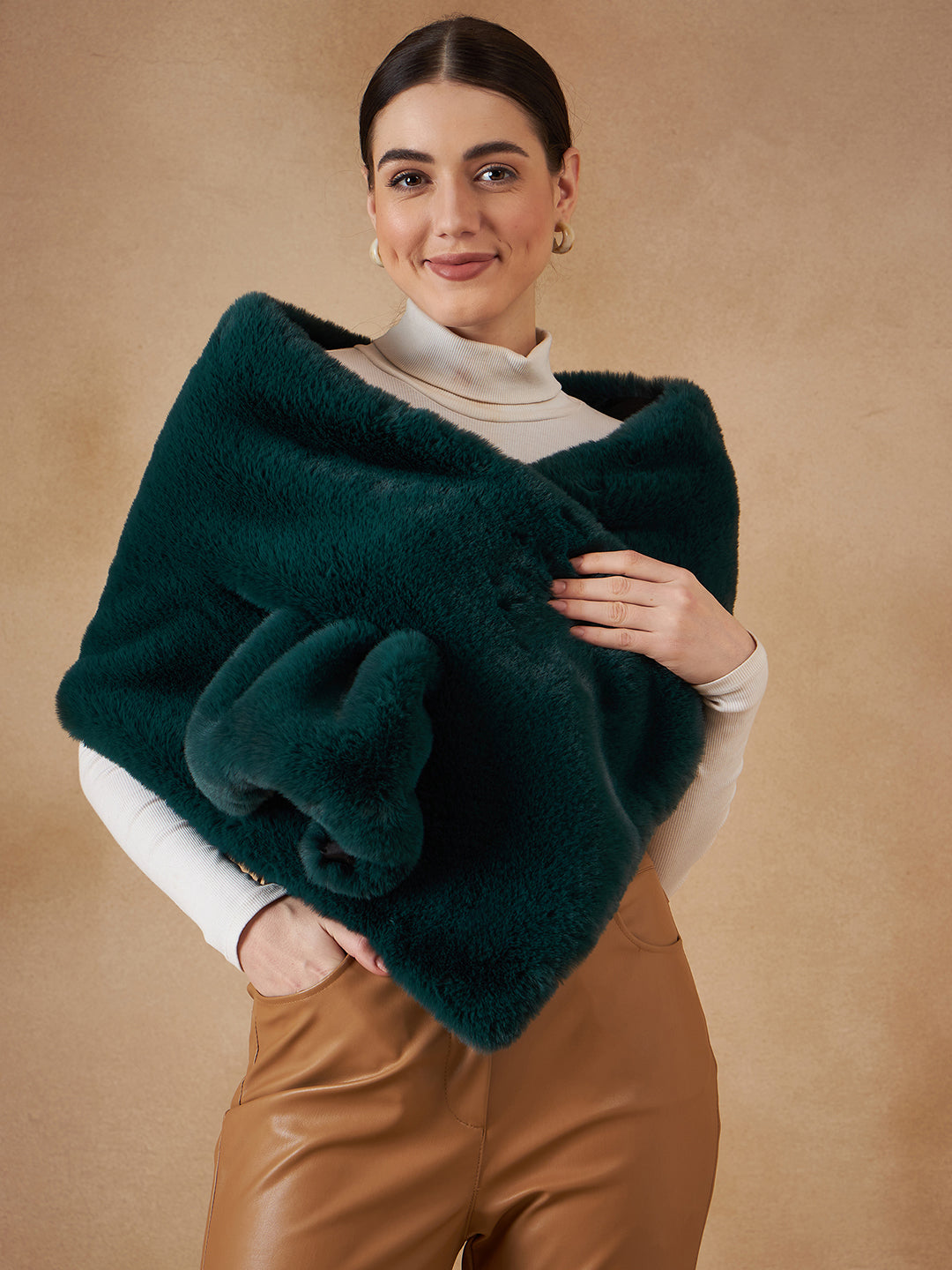 InWeave Women's Dark Teal Long Faux Fur Cape 