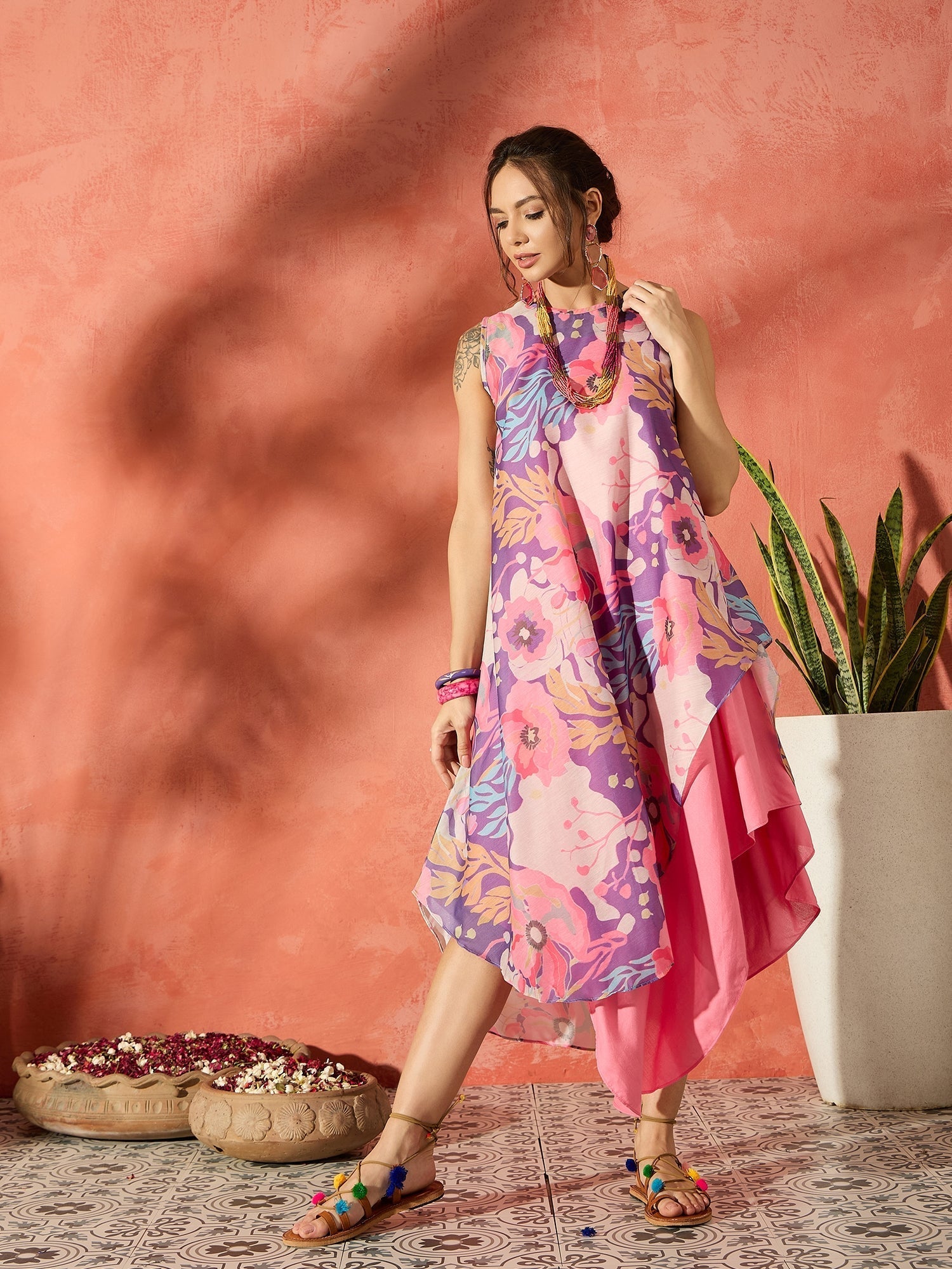InWeave Purple Floral Peach Asymmetrical Dress 