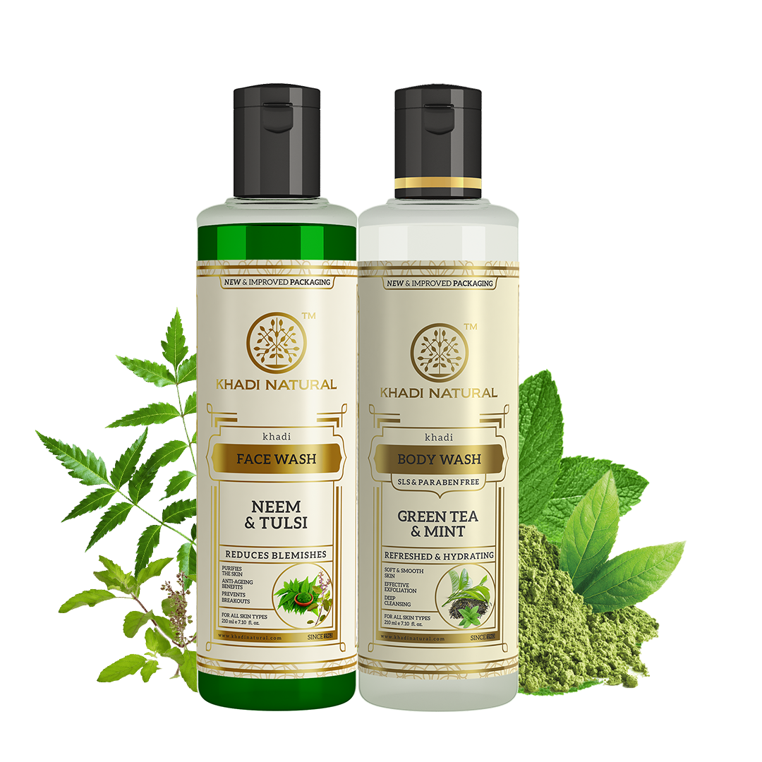 Khadi Natural Neem with Tulsi Face Wash & Green Tea with Mint Body Wash – Combo Pack of 2 - 210ml Each 