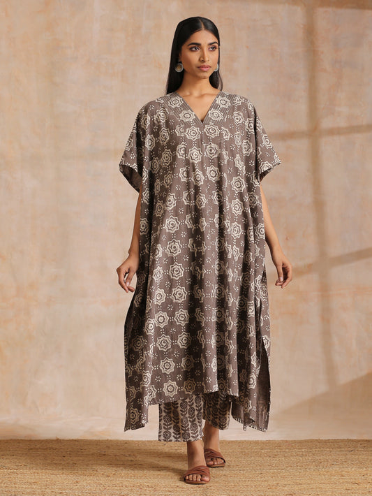 trueBrowns Clay Dabu Overall Print Cotton Panel Kaftan Kurta Pant Set 