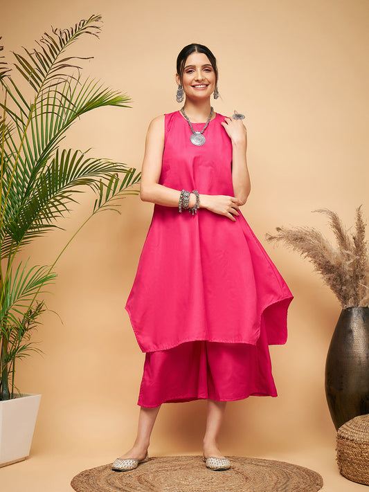 InWeave Women's Fuchsia Short Kurta Palazzo Set 