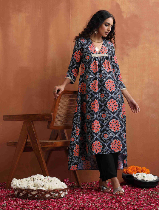 trueBrowns Black Ajrak Print Kurta Set 
