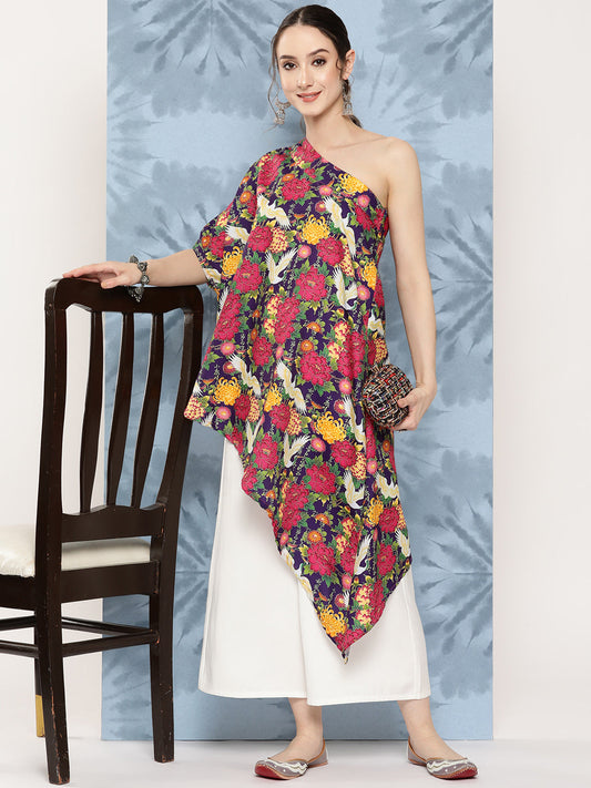 InWeave Women's Navy Bird Japanese Art Oneshoulder Top 