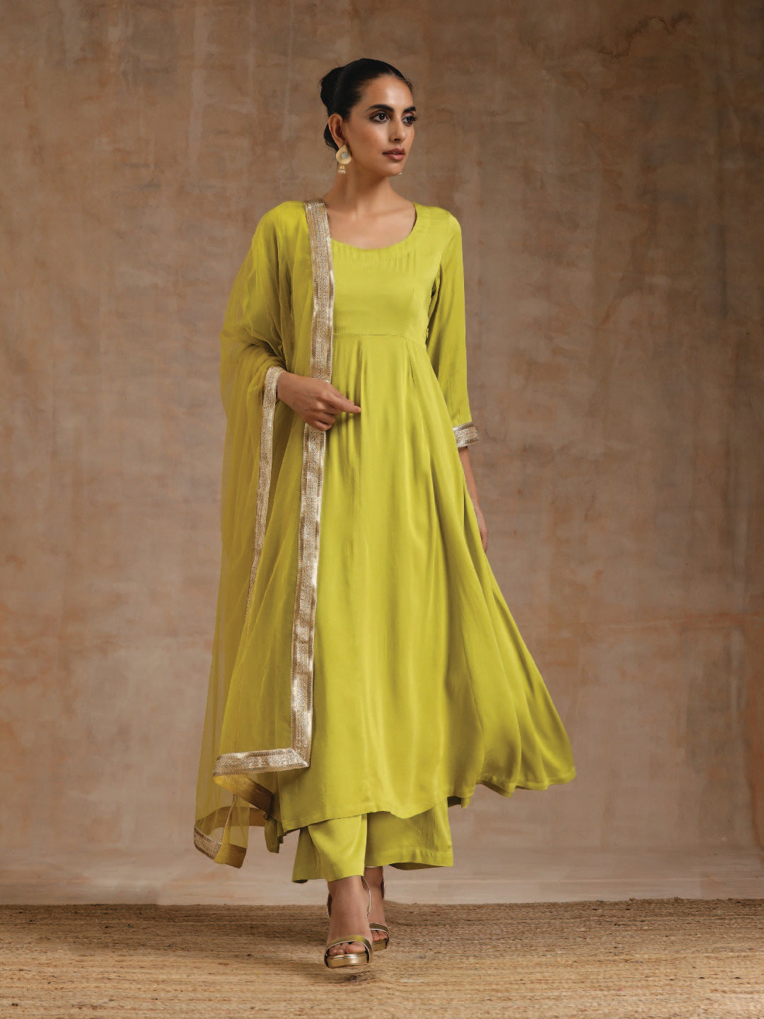 trueBrowns Lime Modal Satin Anarkali Set 