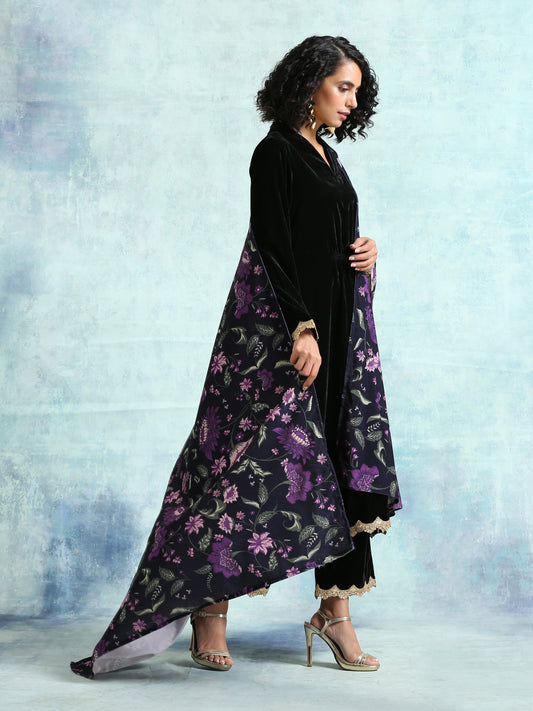 trueBrowns Black Printed Velvet Shawl - Grab2buy