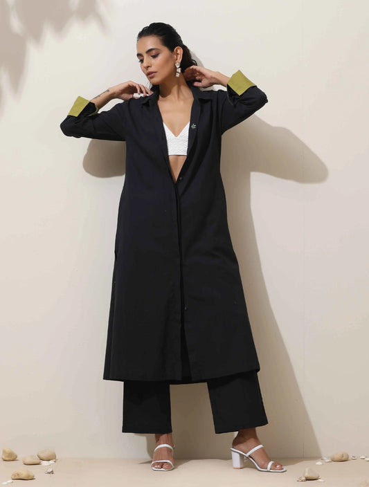trueBrowns Black Cotton Linen Kurta Pant Set 