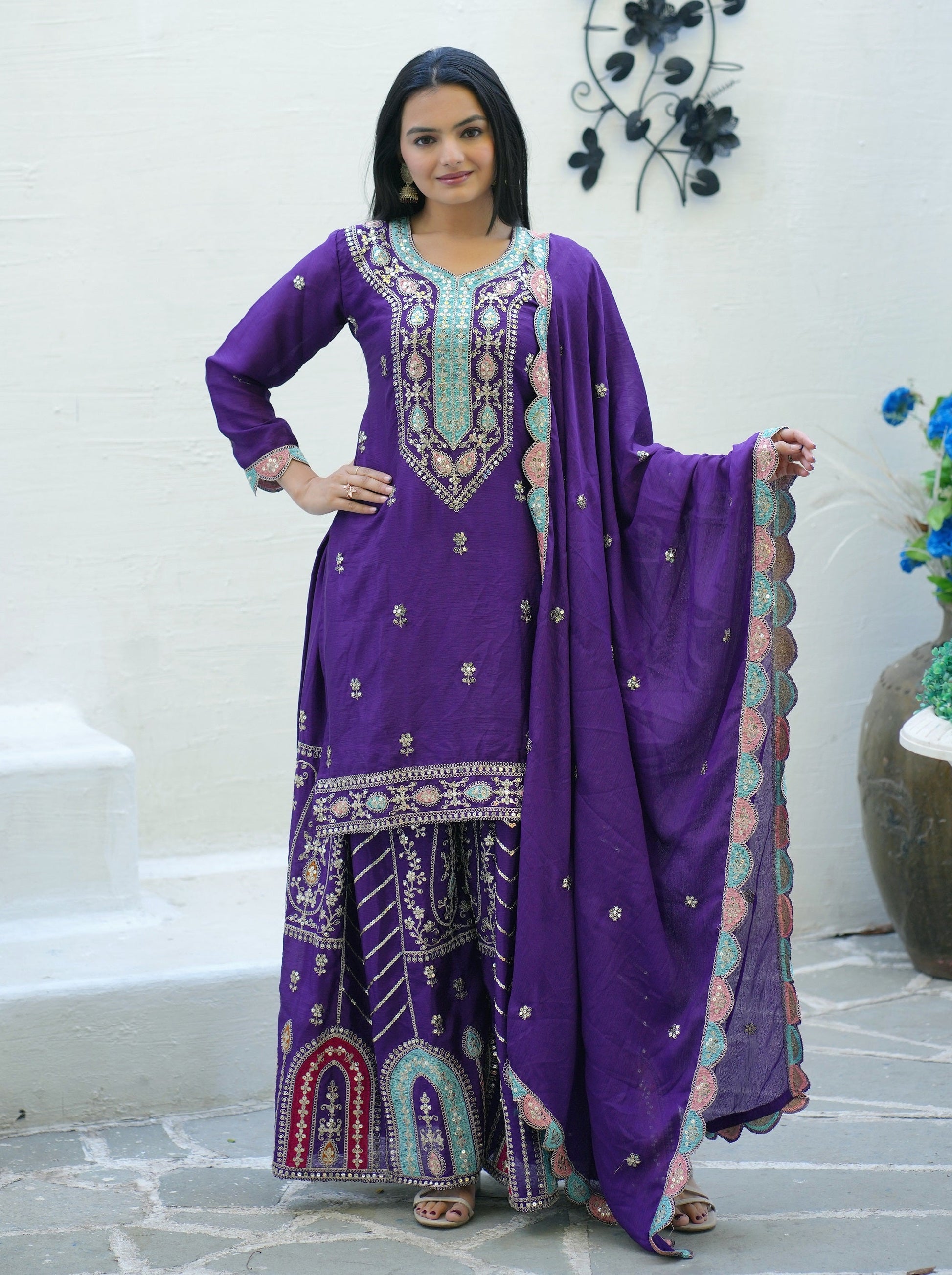 Teeya Creation Purple Color Chinon Silk Heavy Embroidery Work Fully Stitched Sharara Suit