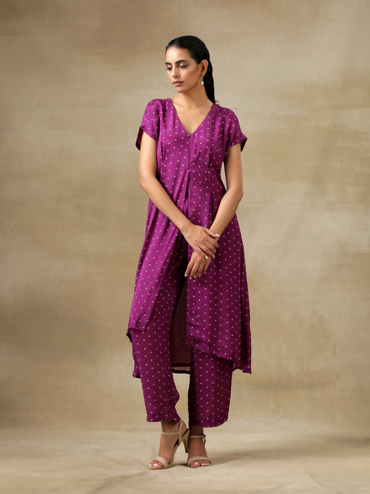 trueBrowns Purple Bandhani Printed Silk Drop Shoulder Kurta Pant Set 