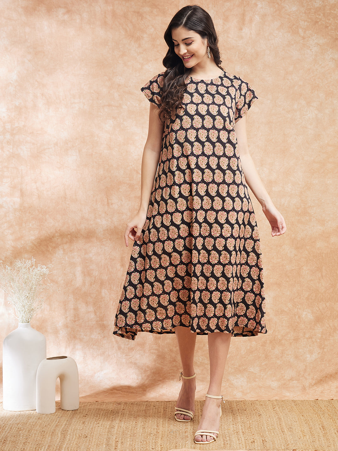 InWeave Women's Black Small Paisley Kalamkari A Line Dress 