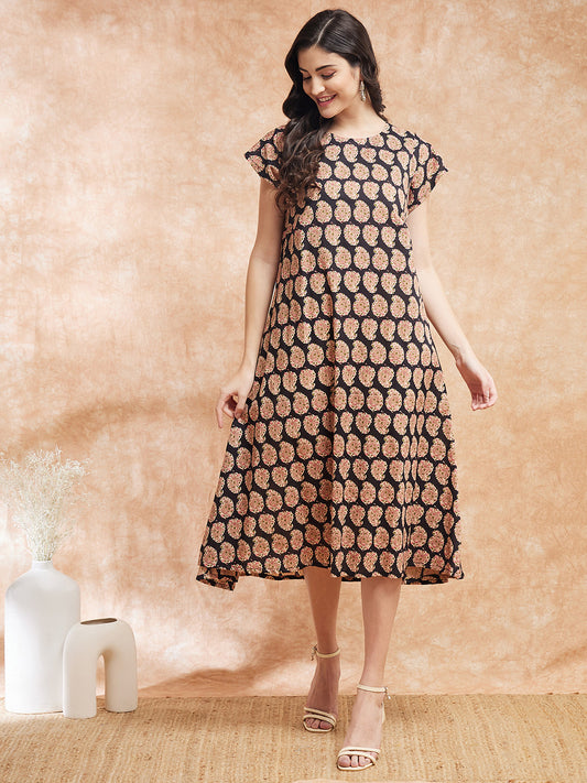 InWeave Women's Black Small Paisley Kalamkari A Line Dress 