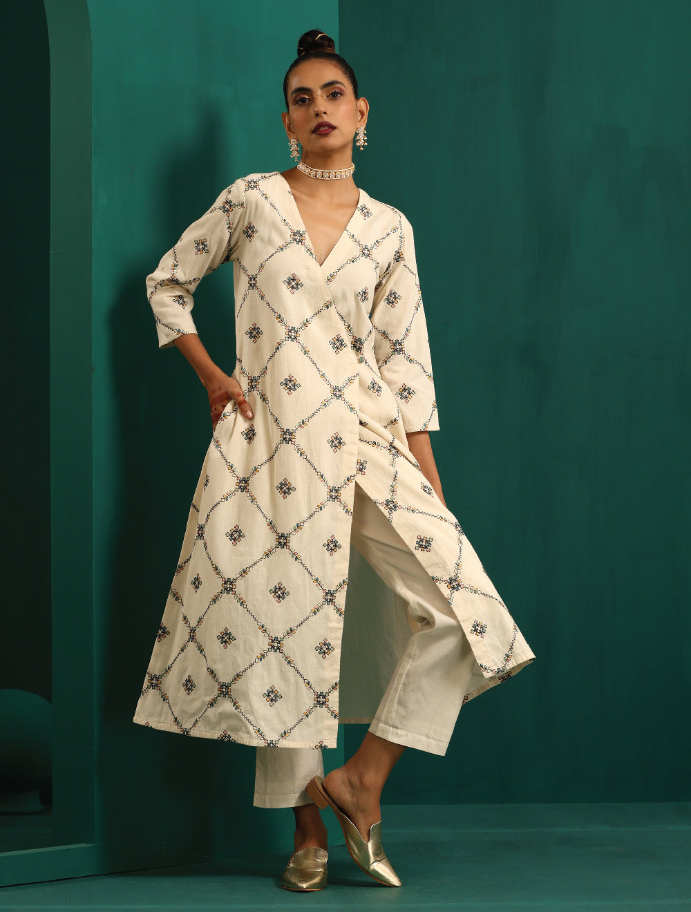 trueBrowns Ivory Rhombus Cotton Angrakha Kurta Pant Set 