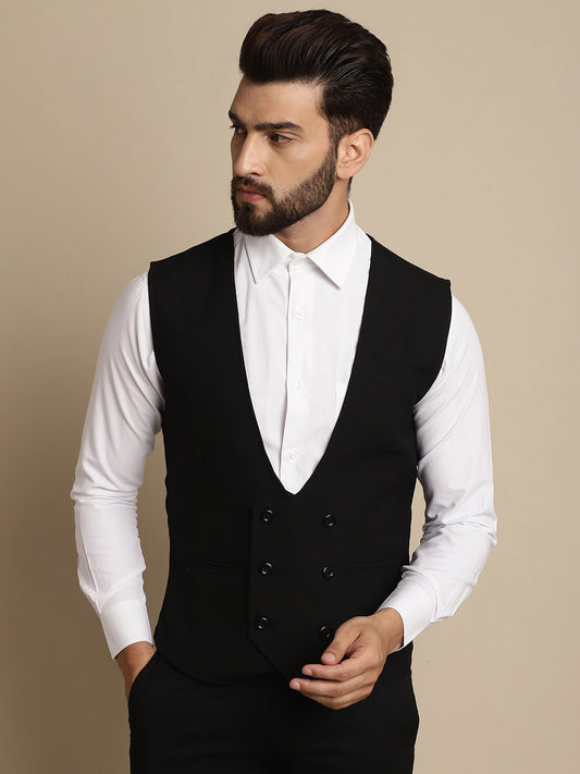 Even Apparels Men's Black Double Breast Waistcoat - Grab2buy