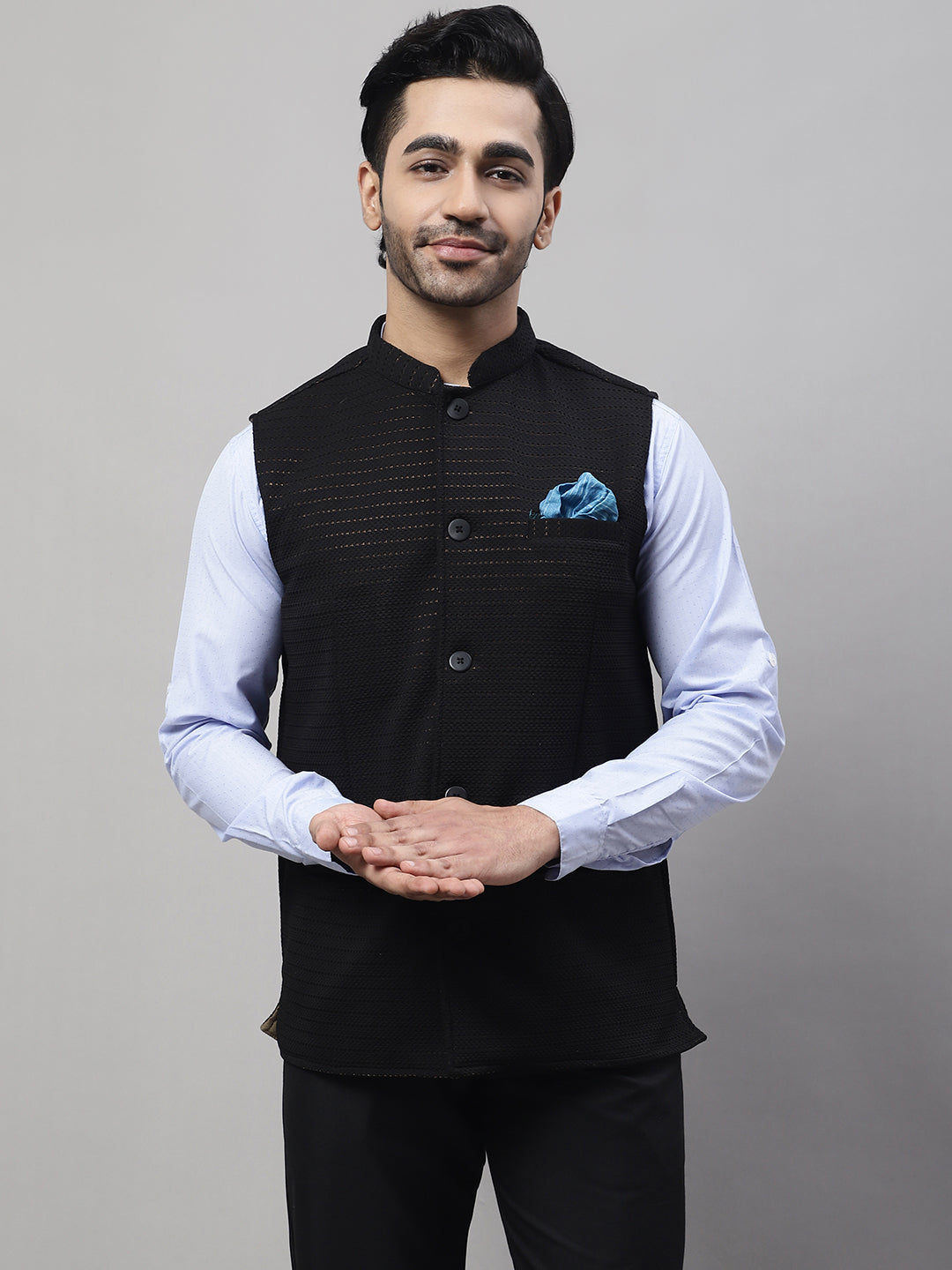 Even Apparels Men's Black Nehru Jacket With Welt Pockets 