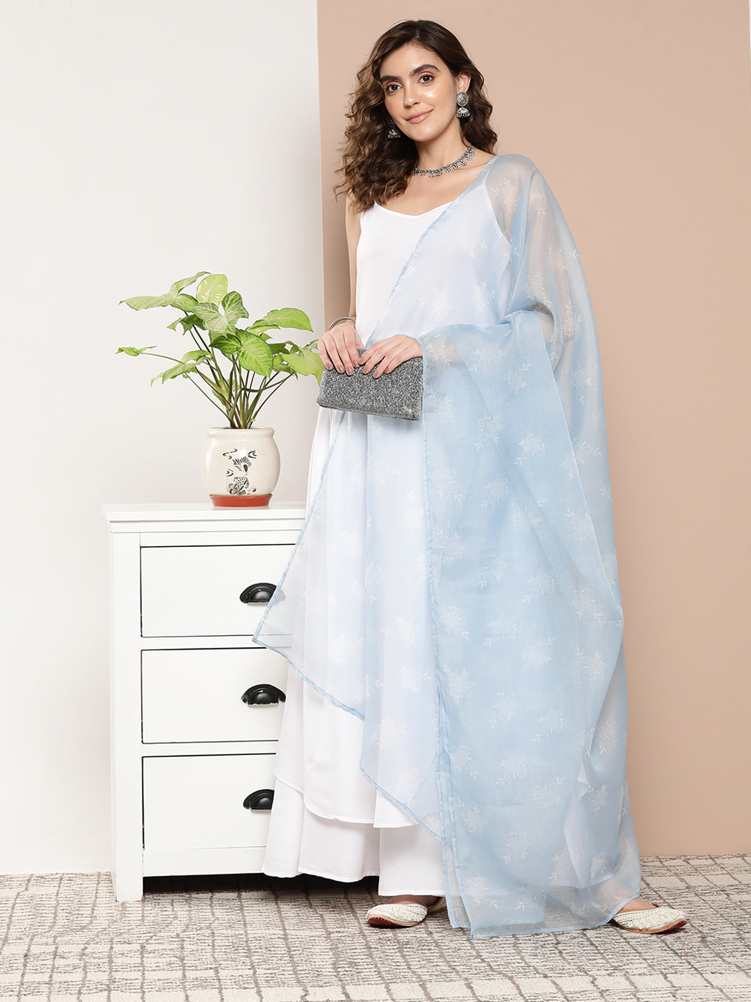 InWeave Women's Cream Strappy With Blue White Chintz Organza Dupatta 