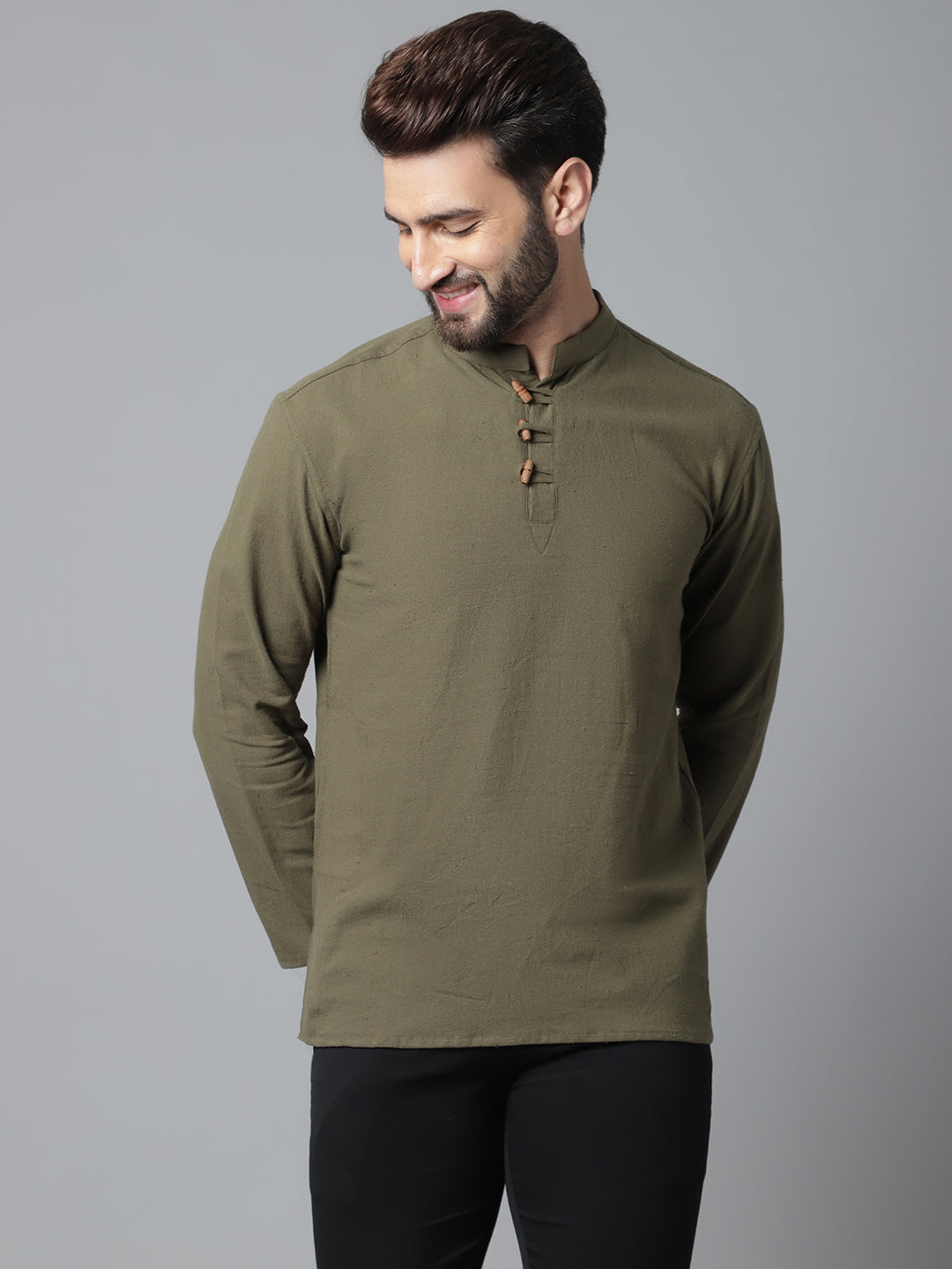 Indian Clothing Even Apparels Green Pure Cotton Kurta With Band Collar 
