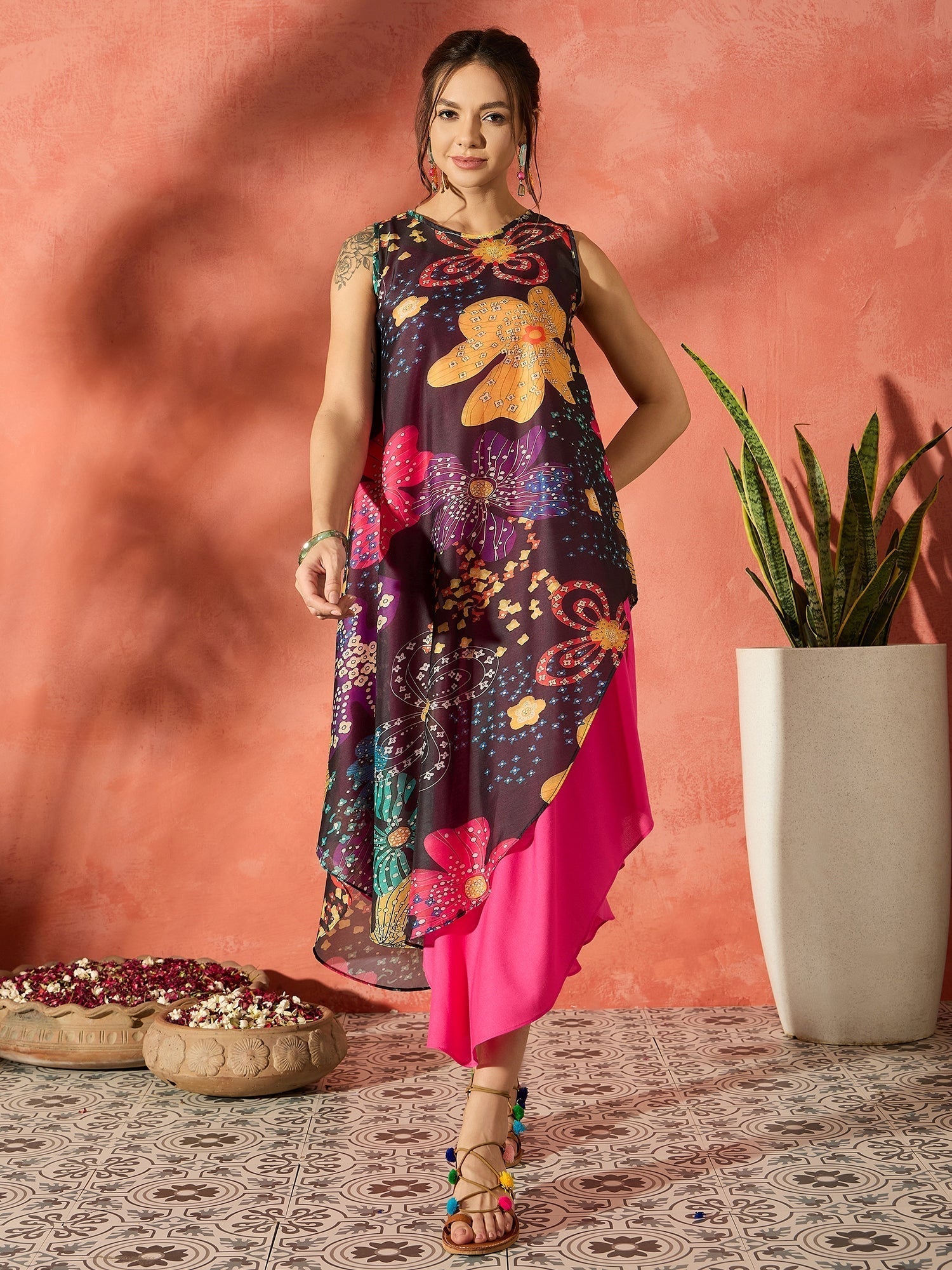 InWeave Black Floral Fuchsia Asymmetrical Dress 