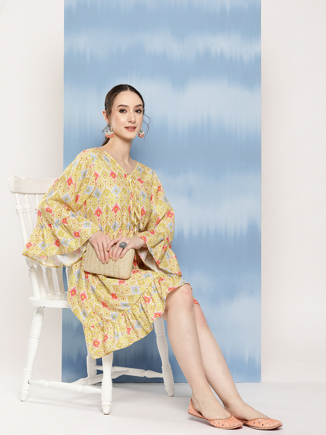 InWeave Women's Yellow Orange Ikkat Print Short Dress 