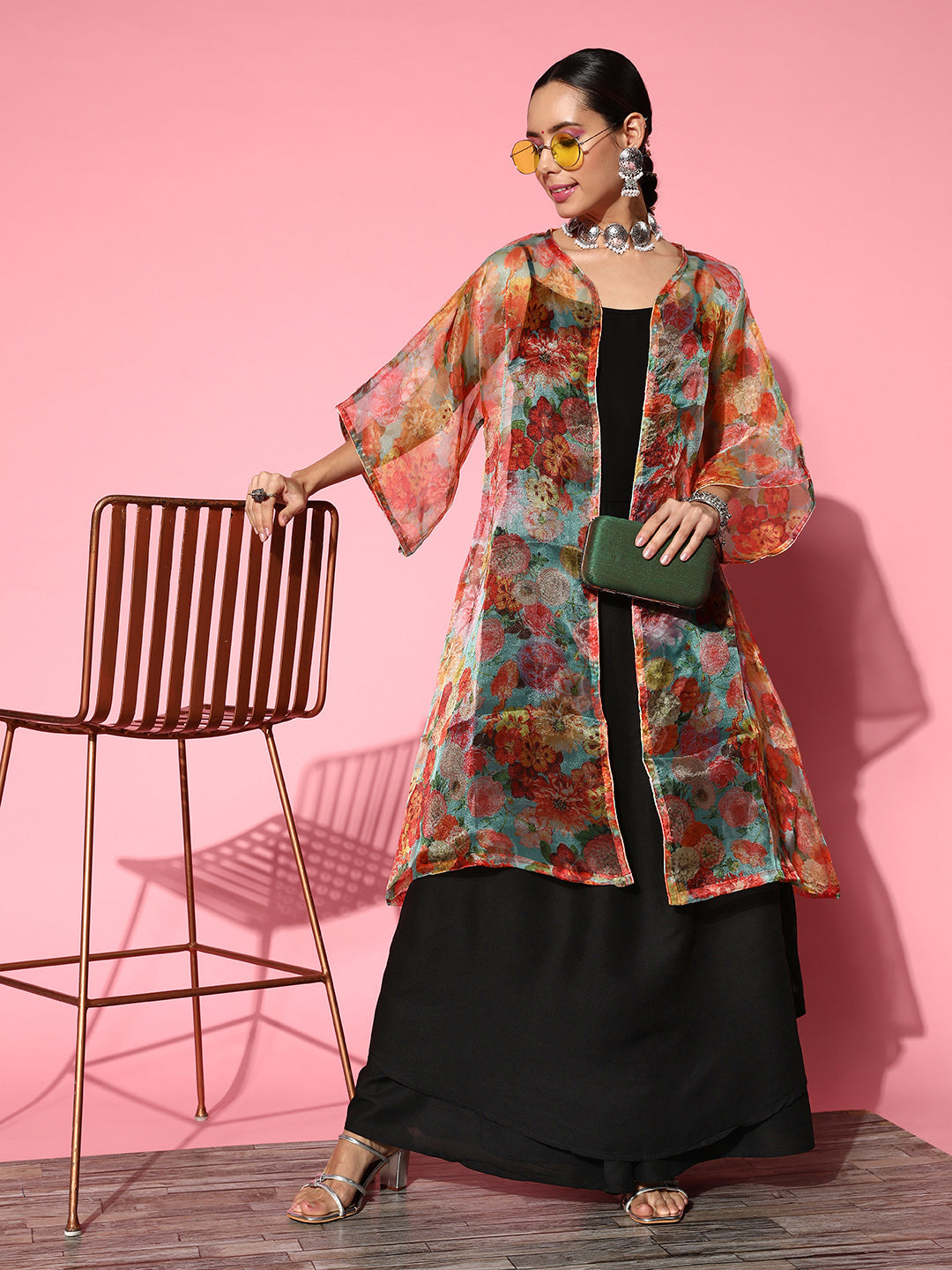 InWeave Black Strappy Set With Green Floral Organza Cape 