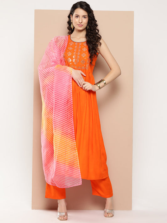 InWeave Women's Orange Mirror Work Aline Strappy Kurta Set W Pink Yellow Leh Dupatta 