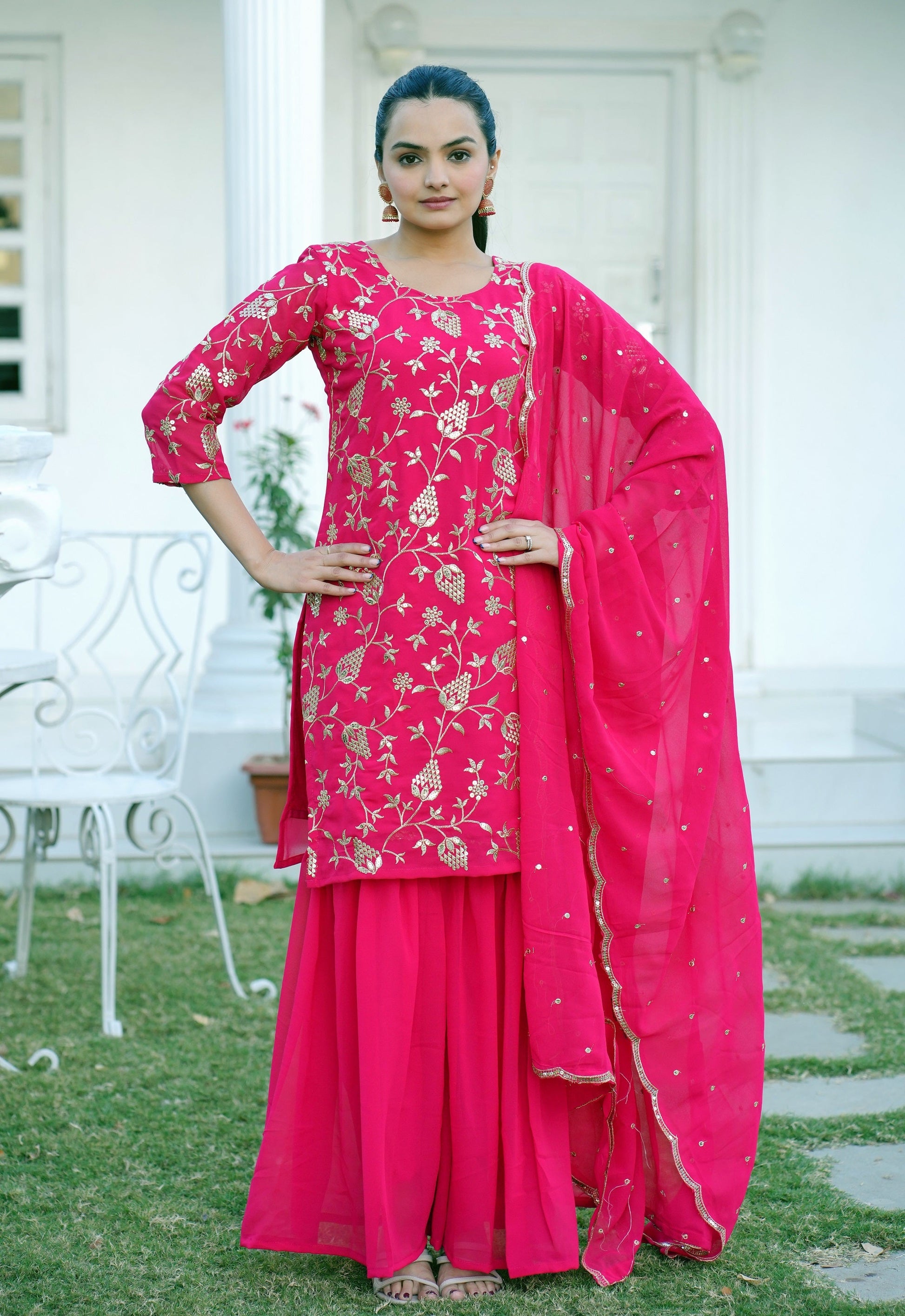 Teeya Creation Pink Color Faux Georgette Heavy Embroidery Work Fully Stitched Sharara Suit