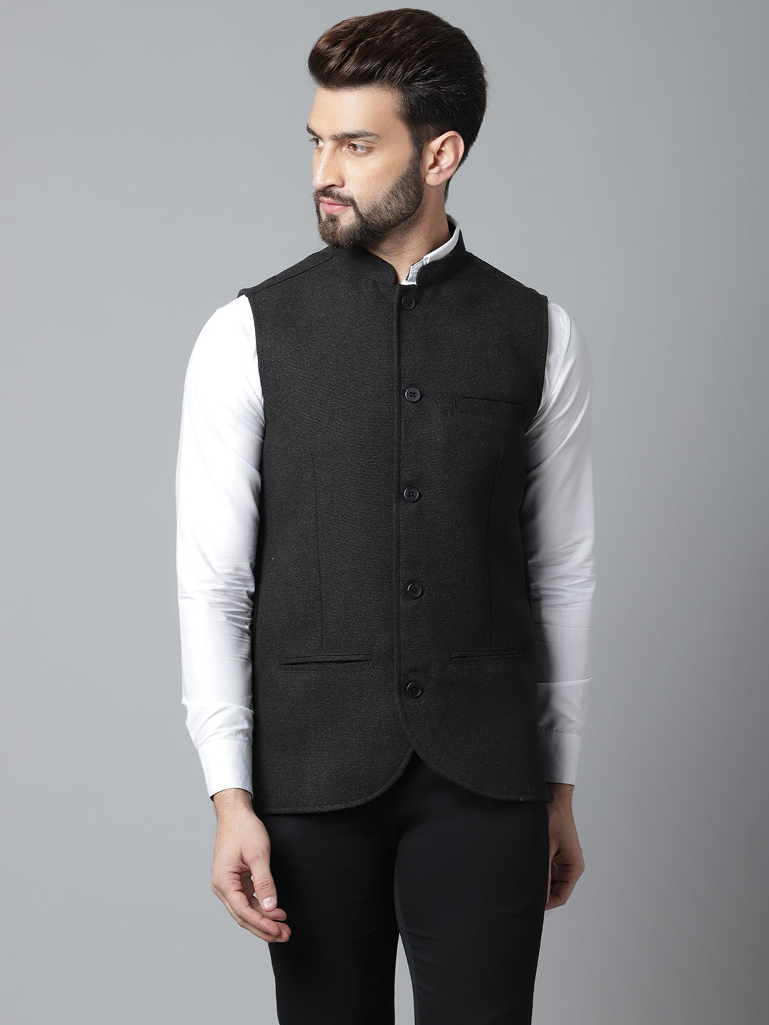 Even Apparels Men's Black Pure Wool Nehru Jacket 