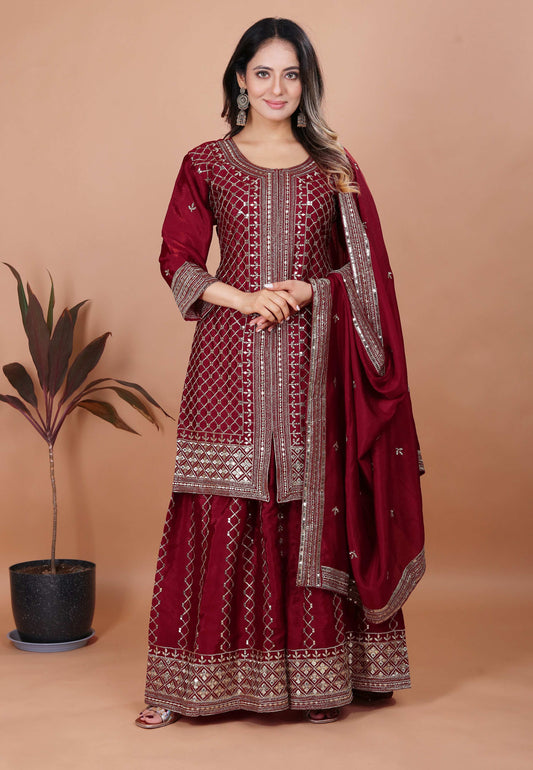 Yash Enterprise Maroon Chinon Silk Party Wear Embroidery Suit Set  Grab2Buy Yash Enterprise Grab2Buy