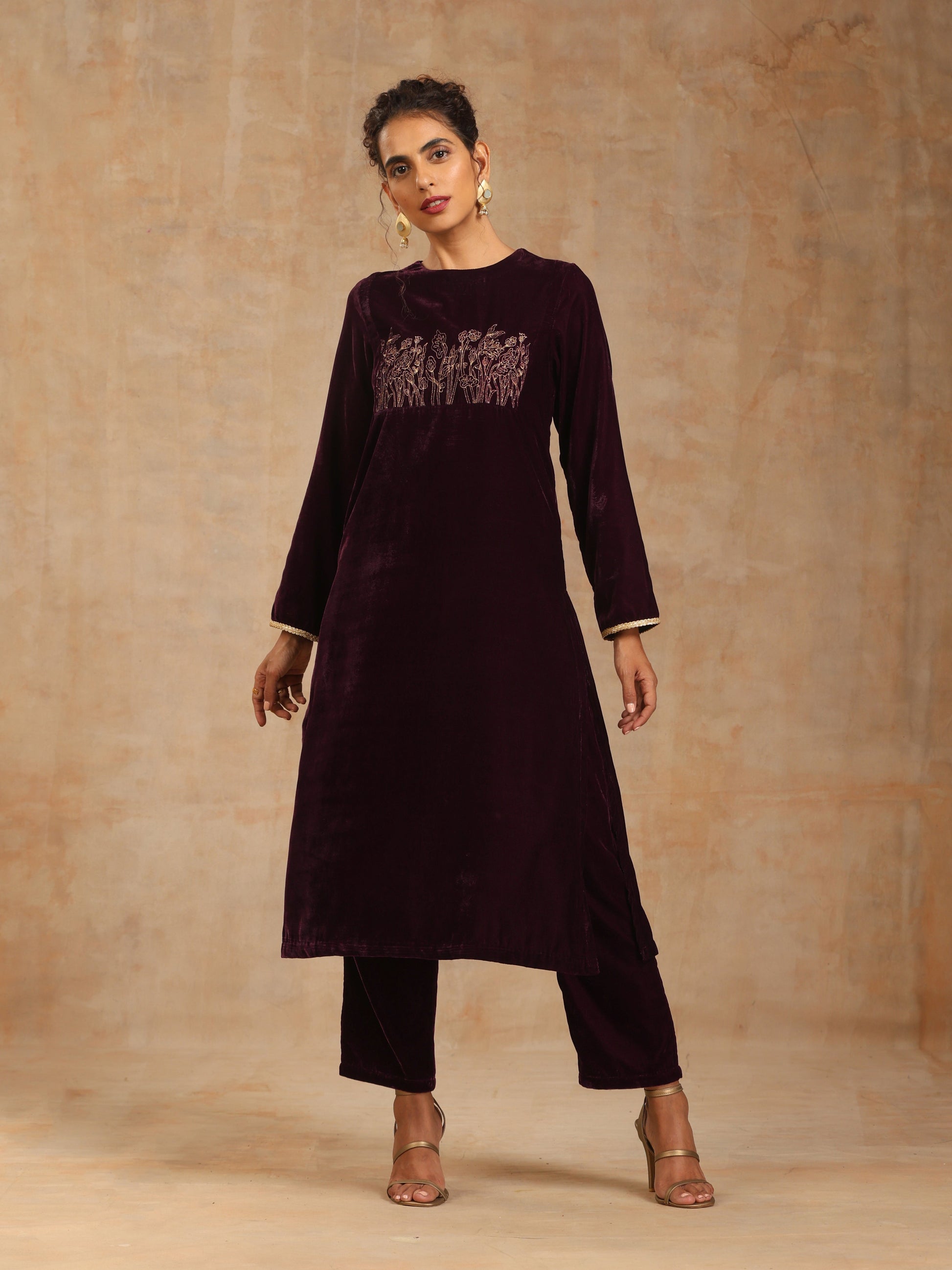 trueBrowns Wine Velvet Yoke Embroidered Kurta 