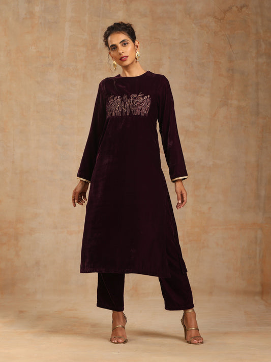 trueBrowns Wine Velvet Yoke Embroidered Kurta 