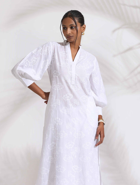 trueBrowns trueBrown White Cotton Schiffli Kurta Set